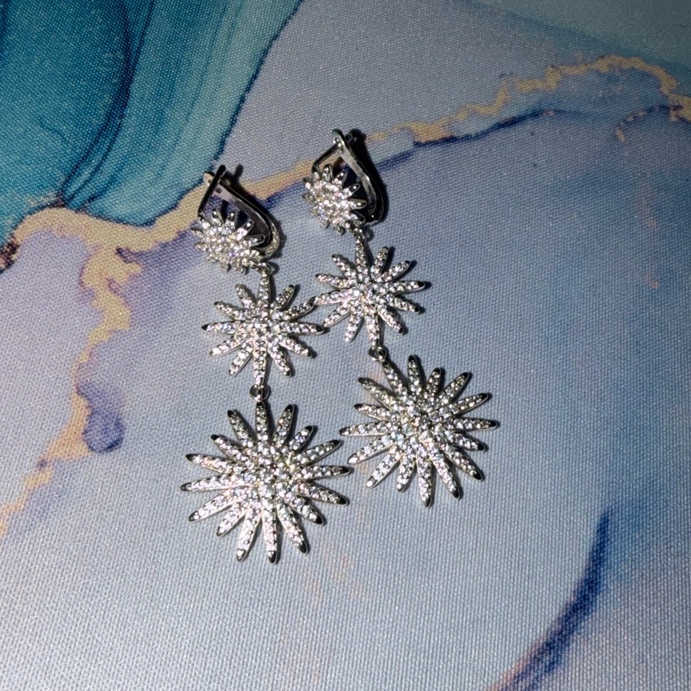 Silver Floral Burst Drop Earrings - Sparkling Sunburst Design